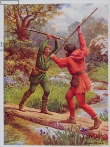 The Fight between Robin Hood and Little John, illustration from 'Robin Hood and his Life in the Merry Greenwood', told by Rose Yeatman Woolf, published by Raphael Tuck, 1910-20 (colour litho)